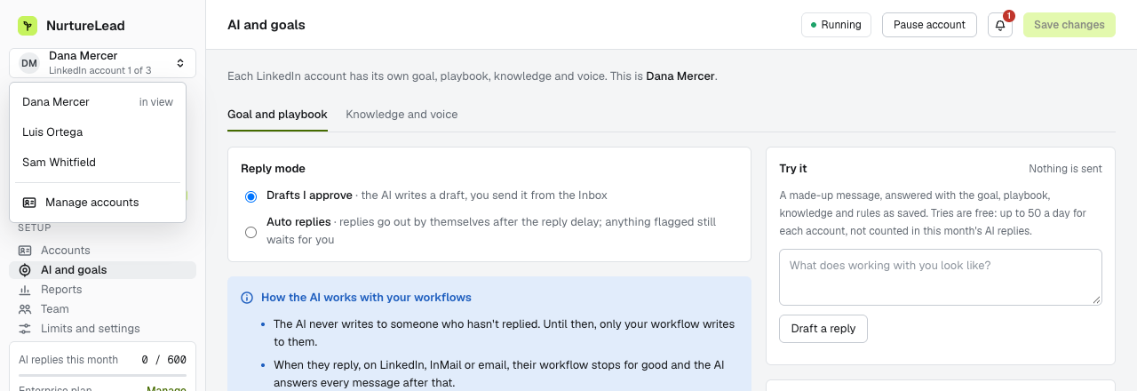 Several LinkedIn accounts on one plan, switched from the sidebar