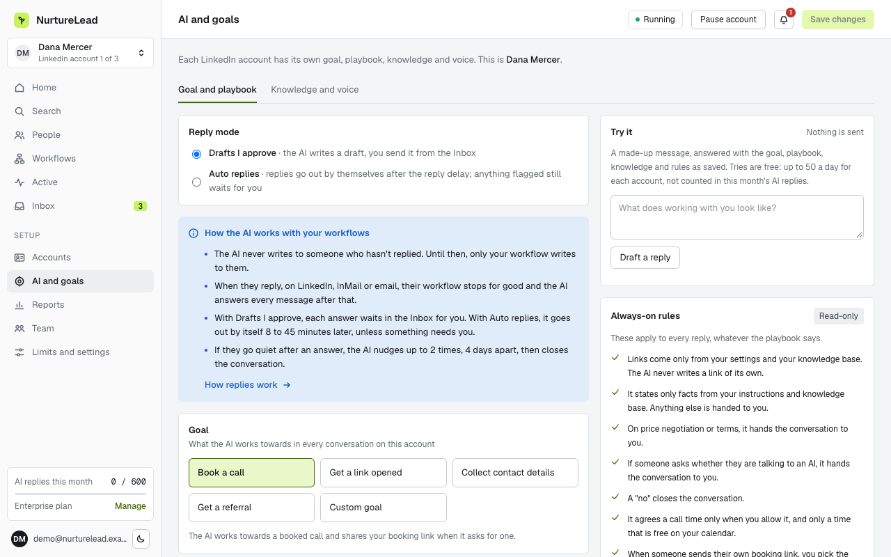 AI and goals for one account: the goal, how replies are sent, the knowledge base and voice samples