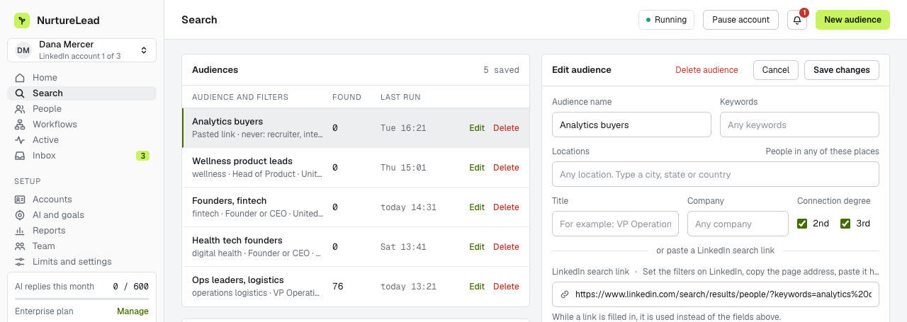 Finding people with a LinkedIn search and saving them into an audience
